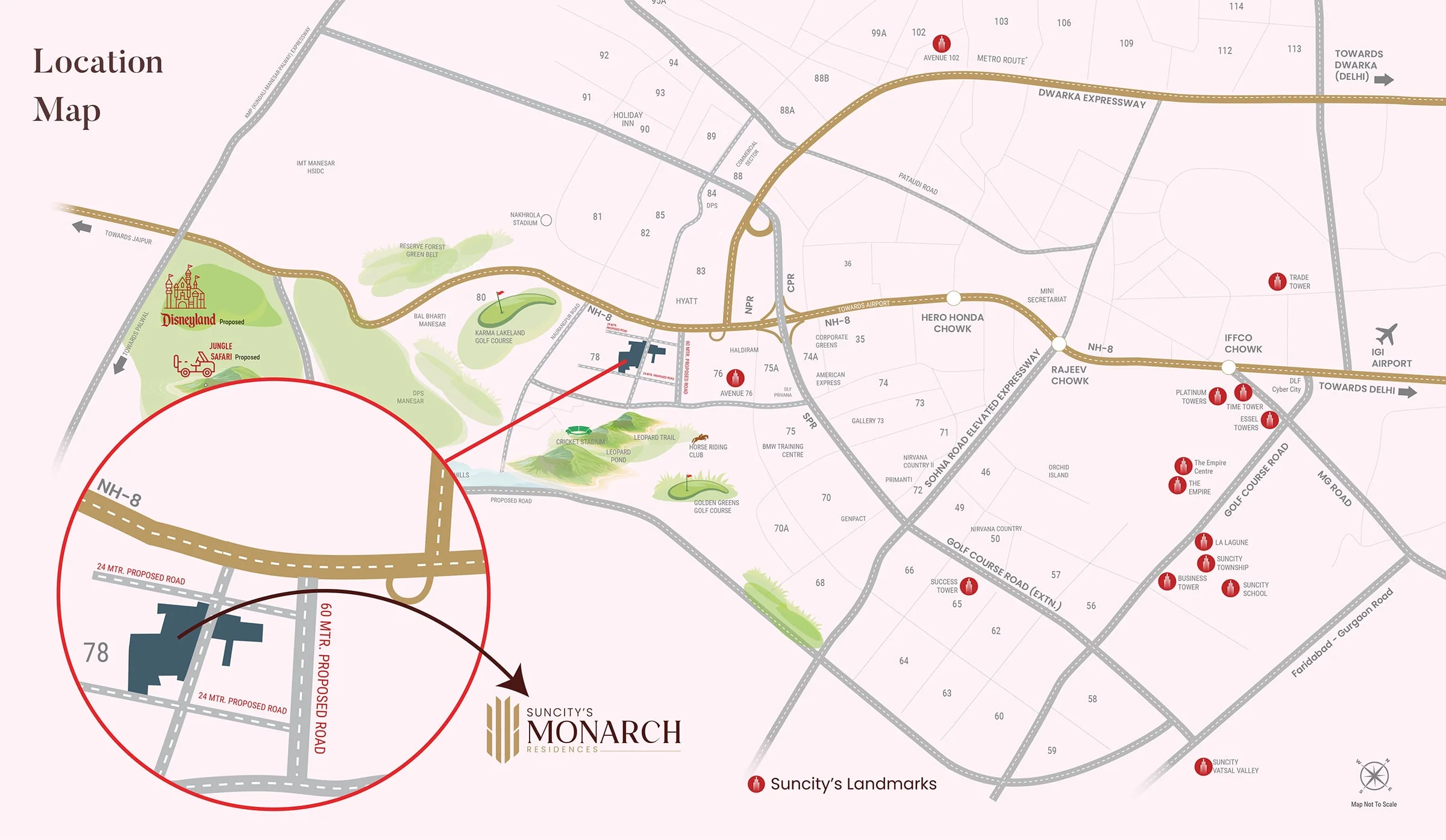 Location map of Suncity Monarch Sector 78 Gurgaon connectivity